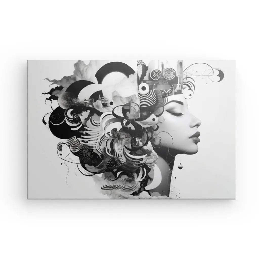 Oeuvre abstraite monochromatique représentant le profil d'une femme avec des motifs complexes et tourbillonnants et des formes géométriques rayonnant de ses cheveux sur un fond uni. Ce Tableau Portrait Patchwork Mélange Noir et Blanc fascine l'imagination par son design complexe et captivant.