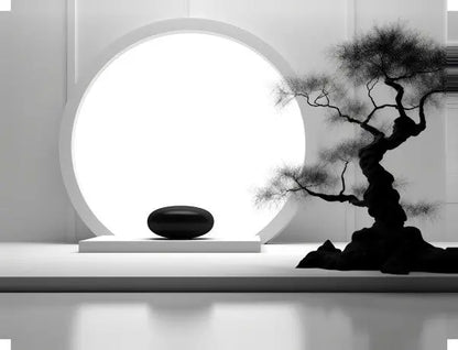 Un intérieur minimaliste avec une lumière centrale ronde, un objet ovale sombre au milieu et un arbre nu et tordu à droite évoque la sérénité et l'équilibre avec le Tableau Bonsai Relaxation Zen Noir et Blanc.