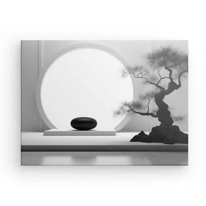 Un Tableau Bonsai Relaxation Zen Noir et Blanc minimaliste en noir et blanc présente un objet encadré circulaire sur un support et un bonsaï stylisé aux branches torsadées, créant une composition harmonieuse et sereine qui évoque la relaxation zen.