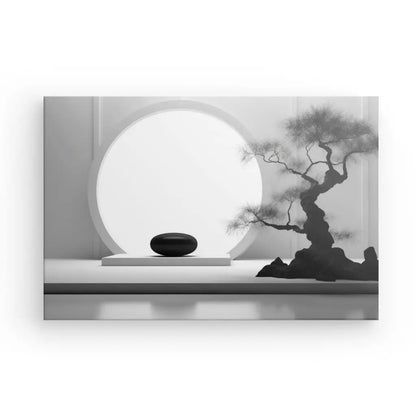 Un Tableau Bonsai Relaxation Zen Noir et Blanc minimaliste avec un fond blanc circulaire, une pierre noire lisse sur un piédestal et un petit bonsaï à droite, le tout sur un fond monochrome. Cet arrangement serein évoque le Bonsaï Relaxation Zen avec un air de sérénité et d'équilibre.