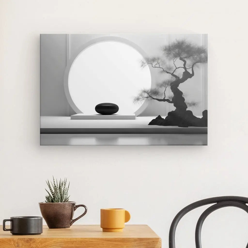 Une photographie en noir et blanc d'un arrangement minimaliste comportant un bonsaï et un miroir circulaire sur une étagère respire Tableau Bonsai Relaxation Zen Noir et Blanc. En dessous, la table et les chaises en bois accueillent des petites plantes et des mugs, créant une ambiance de sérénité et d'équilibre.