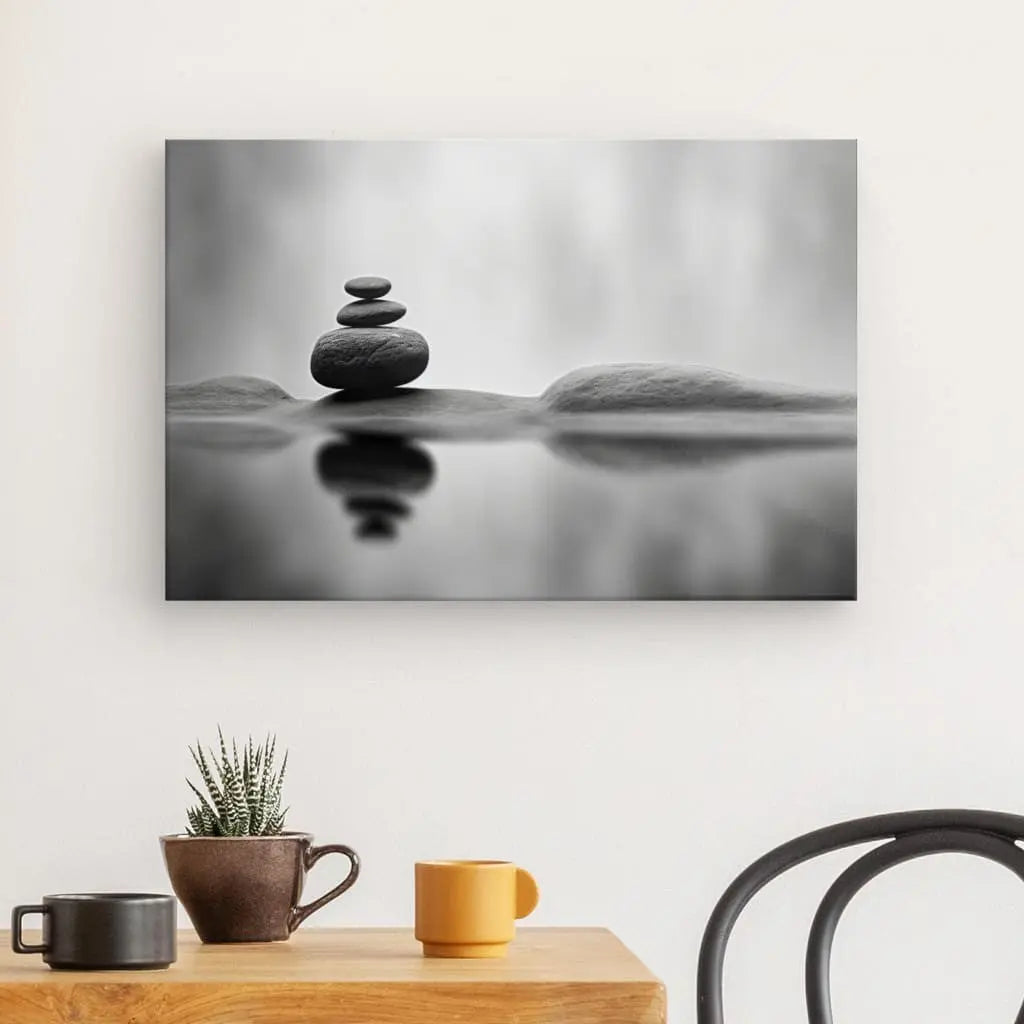 Une pièce minimaliste avec une table en bois contenant une petite plante et deux tasses. Un Tableau Relaxant Pierres Ruisseau Paysage Monochrome est accroché au mur au-dessus, créant une atmosphère de détente et de paix.