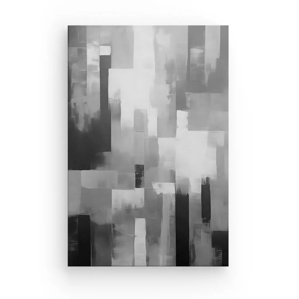 Peinture géométrique abstraite en noir, blanc et gris présentant diverses formes et nuances rectangulaires, créant un look moderne et texturé sur un fond blanc. Ce « Tableau Peinture Abstraite Bandes Effet Flou Noir et Blanc » évoque une esthétique dramatique « Noir et Blanc » qui retient l'attention dans n'importe quel espace.