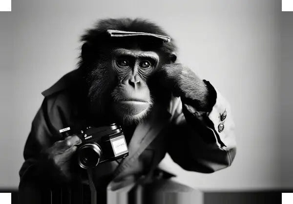 Tableau Singe Habillé Drôle Photographe Noir et Blanc - #tag1# - #tag2# 