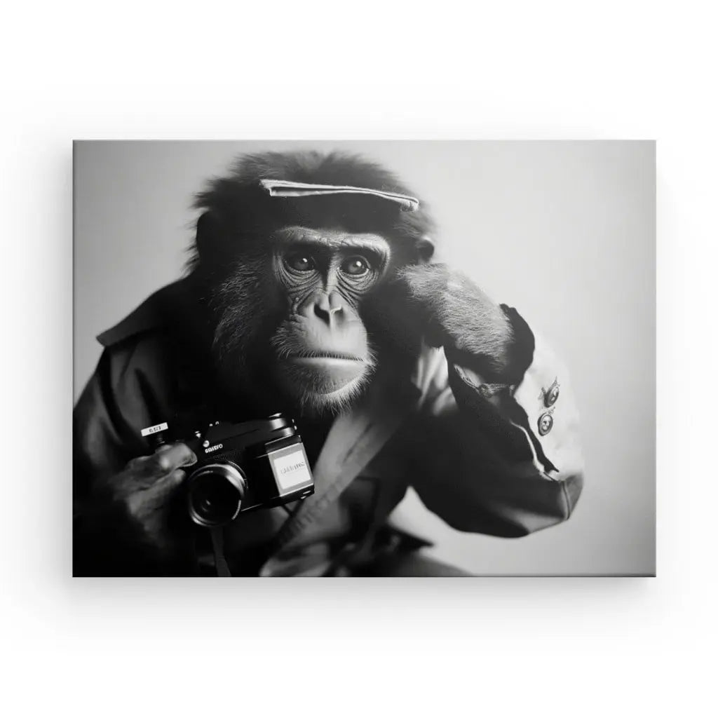 Tableau Singe Habillé Drôle Photographe Noir et Blanc - #tag1# - #tag2# 