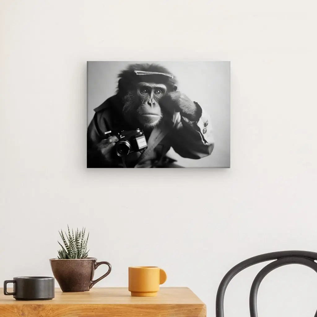 Tableau Singe Habillé Drôle Photographe Noir et Blanc - #tag1# - #tag2# 