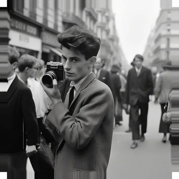 Un jeune homme en costume tient un appareil photo et regarde dans l'objectif alors qu'il se tient dans une rue animée remplie de monde, évoquant un sentiment de Tableau Photographique Vintage Portrait Photographe Urbain au milieu du tableau urbain.
