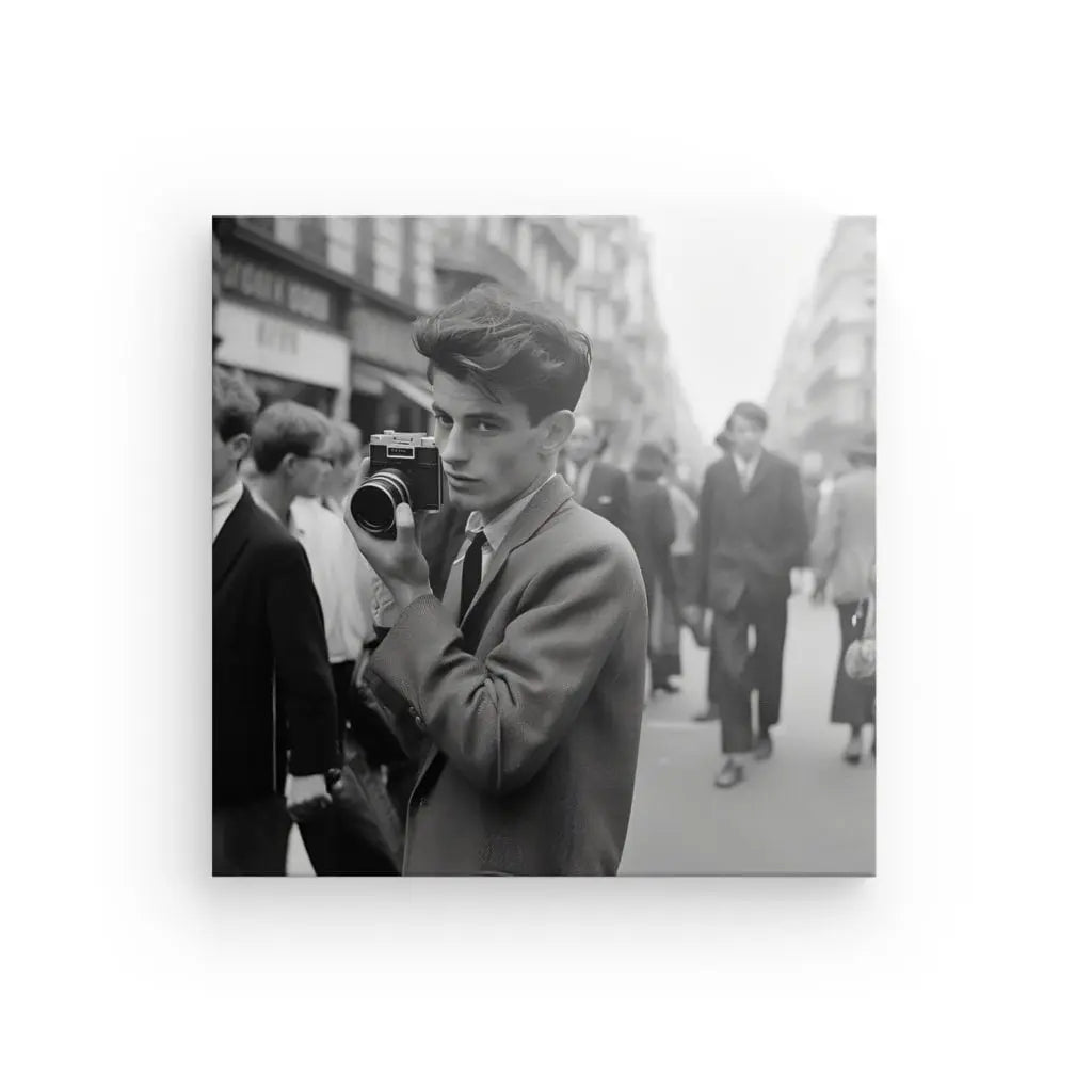 Un jeune homme en costume tient un appareil photo dans une rue animée, évoquant une sensibilité artistique et ludique. Plusieurs piétons sont en arrière-plan, ajoutant à la scène dynamique. L'image est en noir et blanc, capturant un moment intemporel. Il s'agit du Tableau Photographique Vintage Portrait Photographe Urbain.