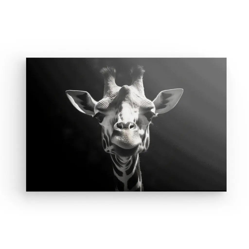 Photographie en noir et blanc d'une girafe face à la caméra, avec sa tête et son cou illuminés sur un fond sombre, créant un superbe Tableau Portrait Girafe Drôle Gros Plan Noir et Blanc.