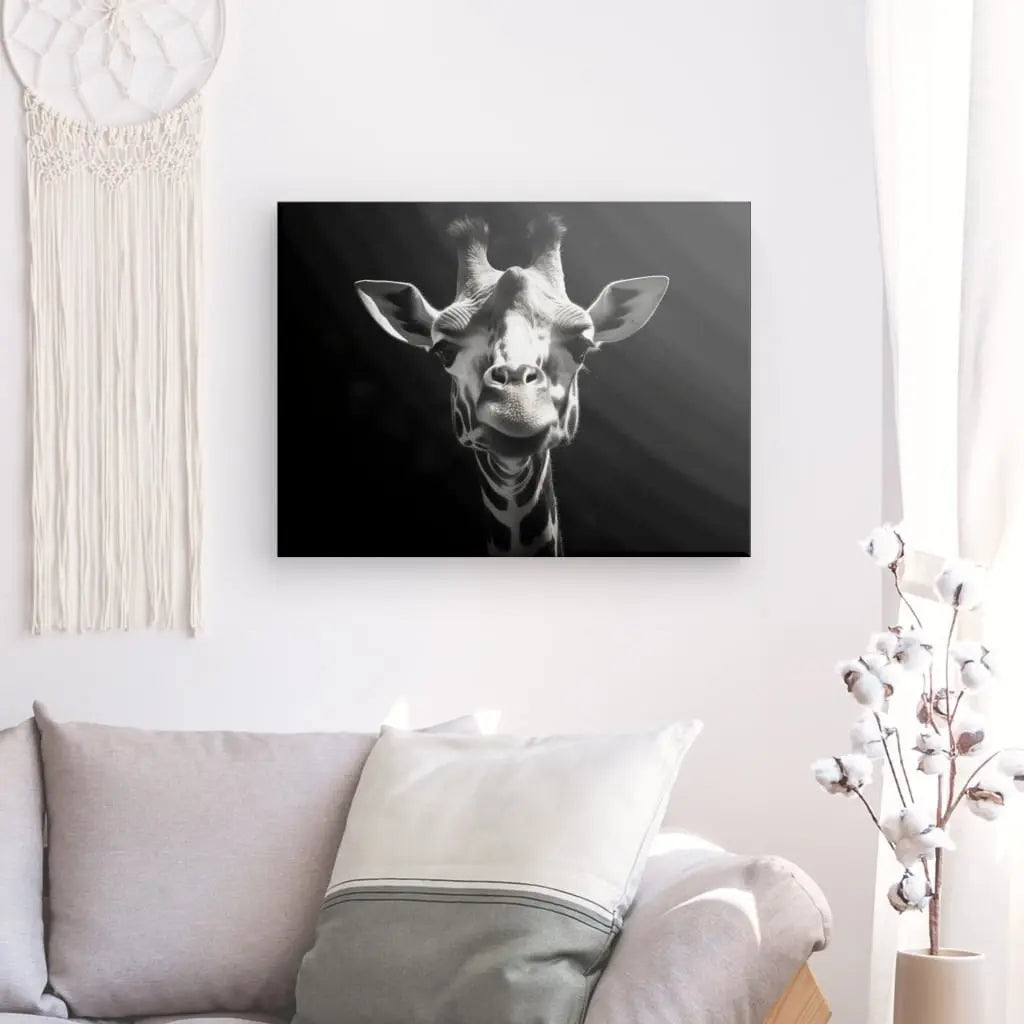 Une photographie en noir et blanc, intitulée "Tableau Portrait Girafe Drôle Gros Plan Noir et Blanc", est accrochée sur un mur blanc au-dessus d'un canapé gris clair avec des coussins blancs dans une pièce bien éclairée et décorée de manière minimaliste.