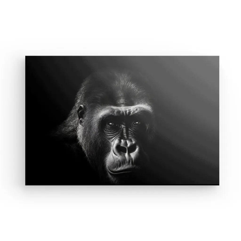 Image en gros plan en noir et blanc du visage d'un gorille, avec une lumière illuminant le côté droit, sur un fond sombre. Ce saisissant Tableau Portrait Gorille Grand Singe Noir et Blanc ajoute une touche de sophistication à toute décoration intérieure.