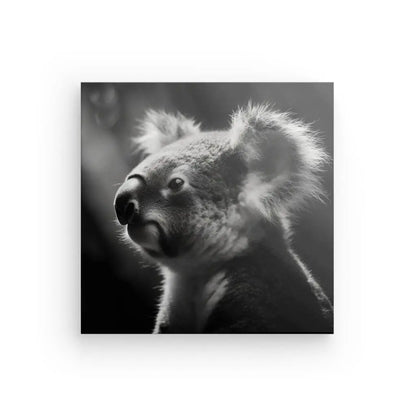 Photographie en noir et blanc d'un koala, capturé de profil avec une expression concentrée et sereine sur un arrière-plan flou. Ce Tableau Koala Nature Noir et Blanc respire la sérénité, ce qui en fait une pièce évocatrice.