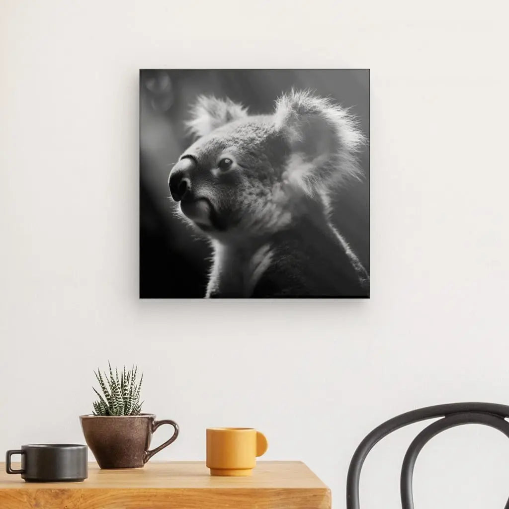 Une photographie en noir et blanc d'un koala, respirant la sérénité, est accrochée sur un mur blanc au-dessus d'une table avec deux tasses et une petite plante en pot. Une chaise noire est placée à droite de ce Tableau Koala Nature Noir et Blanc.