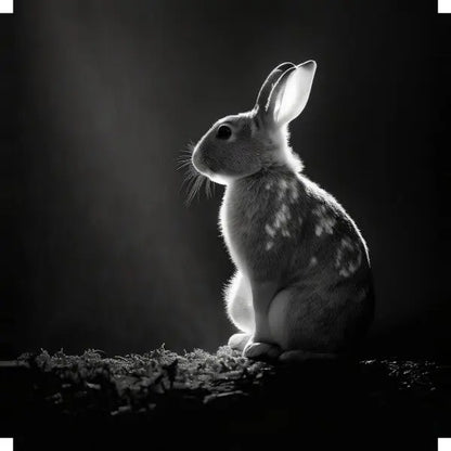 Un lapin est assis de profil, éclairé de côté sur un fond sombre, créant un saisissant Tableau Lapin Campagne Nature Animal Noir et Blanc.