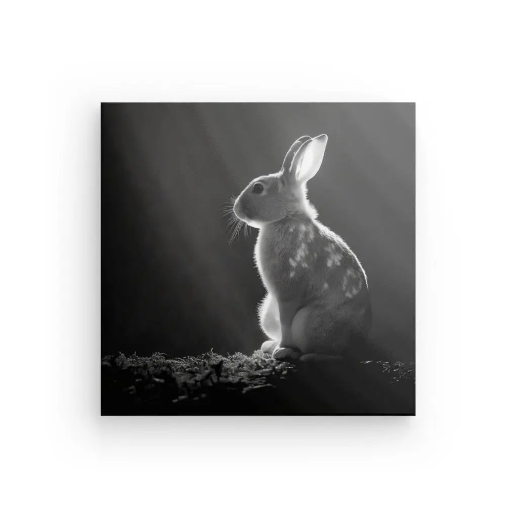 Un **Tableau Lapin Campagne Nature Animal Noir et Blanc** représentant un lapin assis debout sur le sol, éclairé par un seul faisceau de lumière, ajoute une touche de décor rustique à n'importe quel espace.