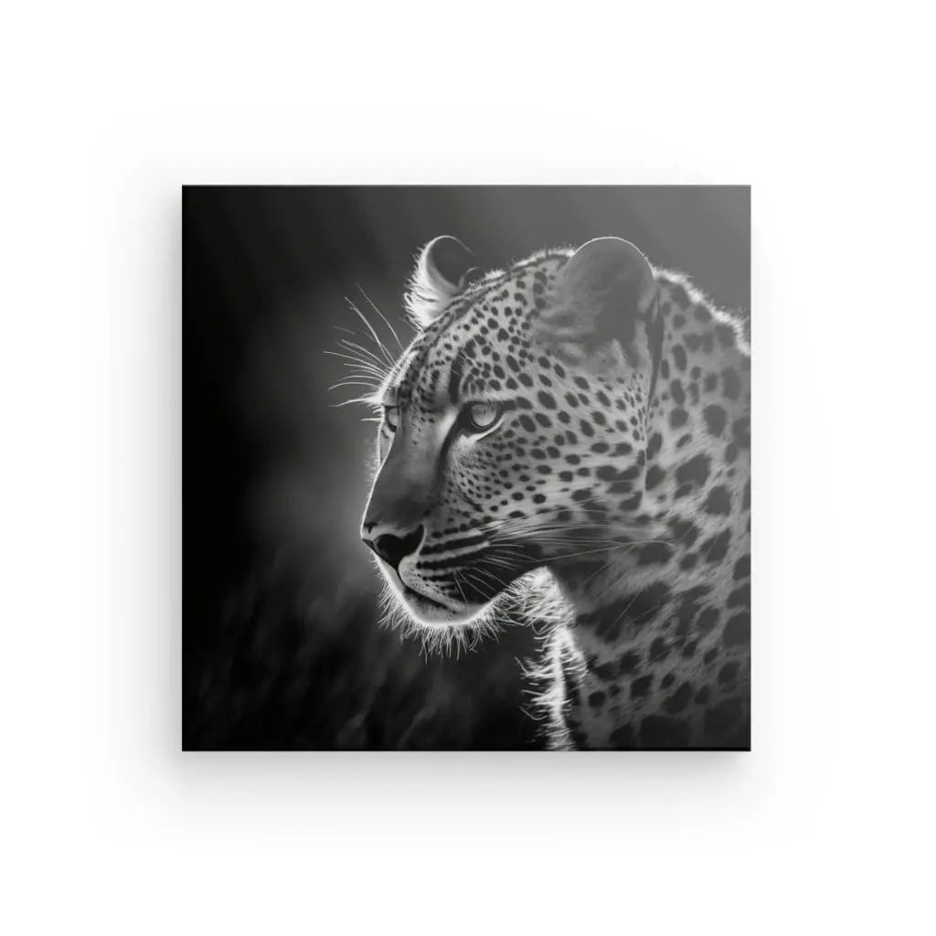 Photo en noir et blanc d'un animal sauvage de la jungle regardant vers la droite, sur fond sombre. L'éclairage latéral accentue les traits de l'animal et sa fourrure tachetée, créant un superbe Tableau Jaguar Panthère Jungle Animal Sauvage Noir et Blanc.