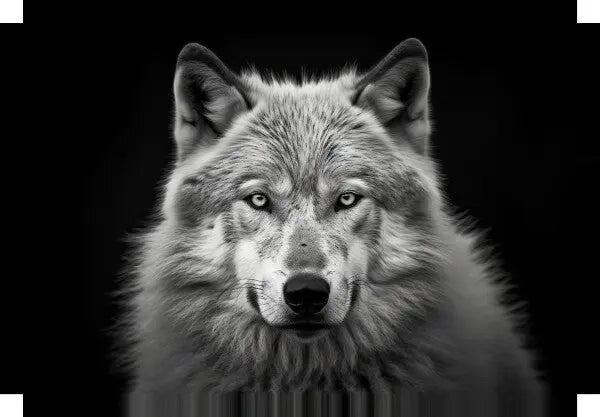 Une photo en gros plan du Tableau Animalier Loup Alpes Noir et Blanc d'un loup gris, ou Loup des Alpes, regardant directement l'appareil photo sur un fond noir.