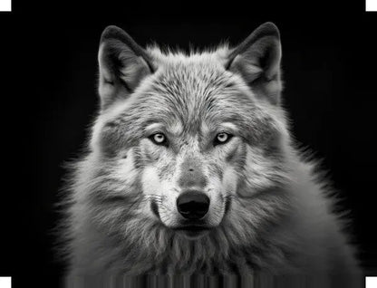 Gros plan en noir et blanc d'un Loup des Alpes regardant directement la caméra, mettant en valeur sa fourrure détaillée et ses yeux perçants, sur un fond sombre. Un véritable Tableau Animalier Loup Alpes Noir et Blanc.