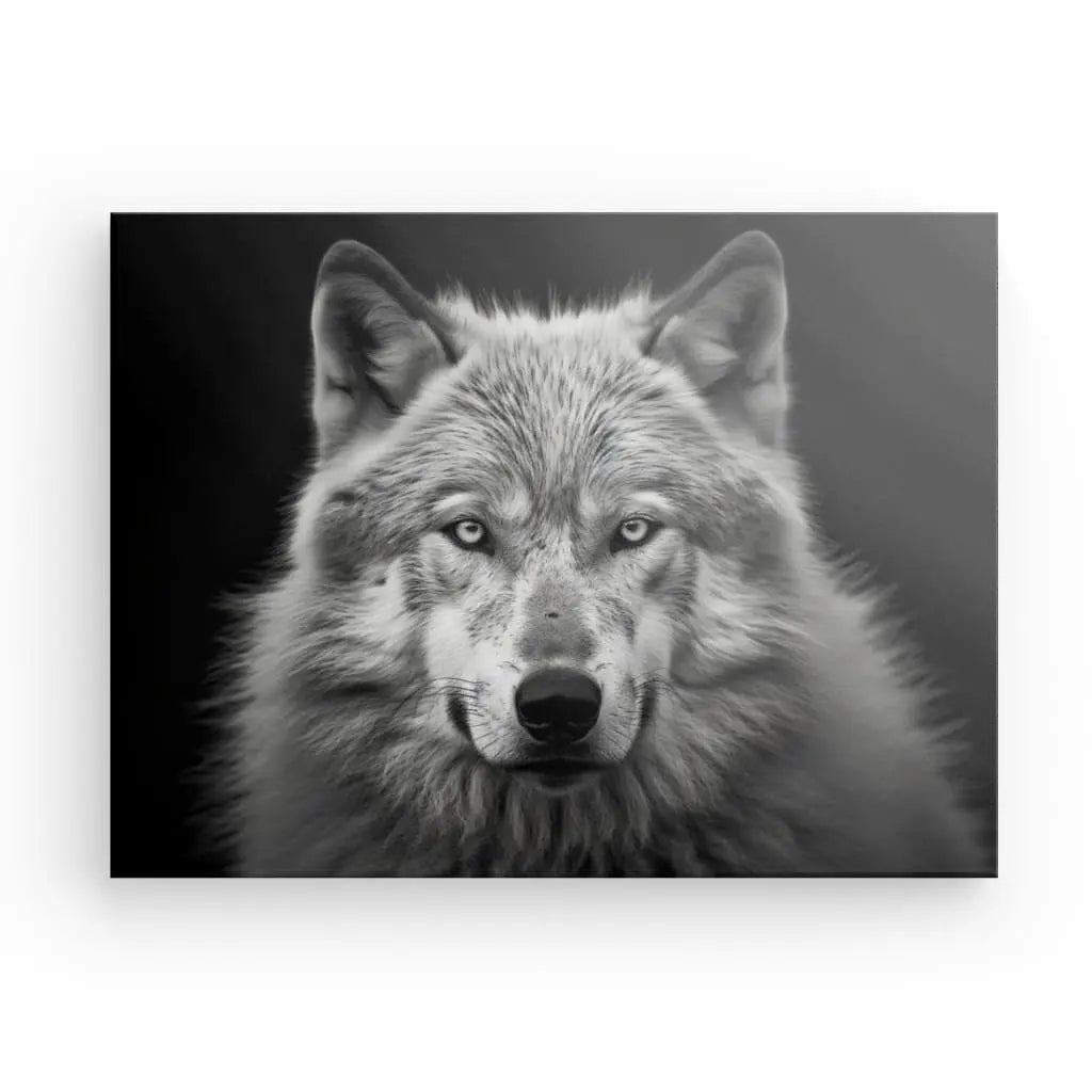 Une superbe photographie en noir et blanc capture un Loup des Alpes regardant directement l'appareil photo, sur un fond sombre. Ce fascinant Tableau Animalier Loup Alpes Noir et Blanc met en valeur les yeux perçants et la présence énigmatique du loup.