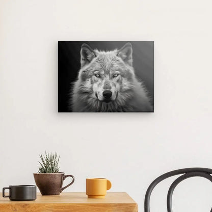 Un *Tableau Animalier Loup Alpes Noir et Blanc* en noir et blanc est affiché sur un mur blanc. En dessous, une petite table contient deux tasses et une plante en pot, avec une chaise partiellement visible.