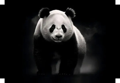 Un panda se dresse sur un fond sombre, illuminé pour mettre en valeur sa fourrure noir et blanc, créant un superbe Tableau Panda Sauvage Animal Noir et Blanc qui capture l'essence de l'art animalier.