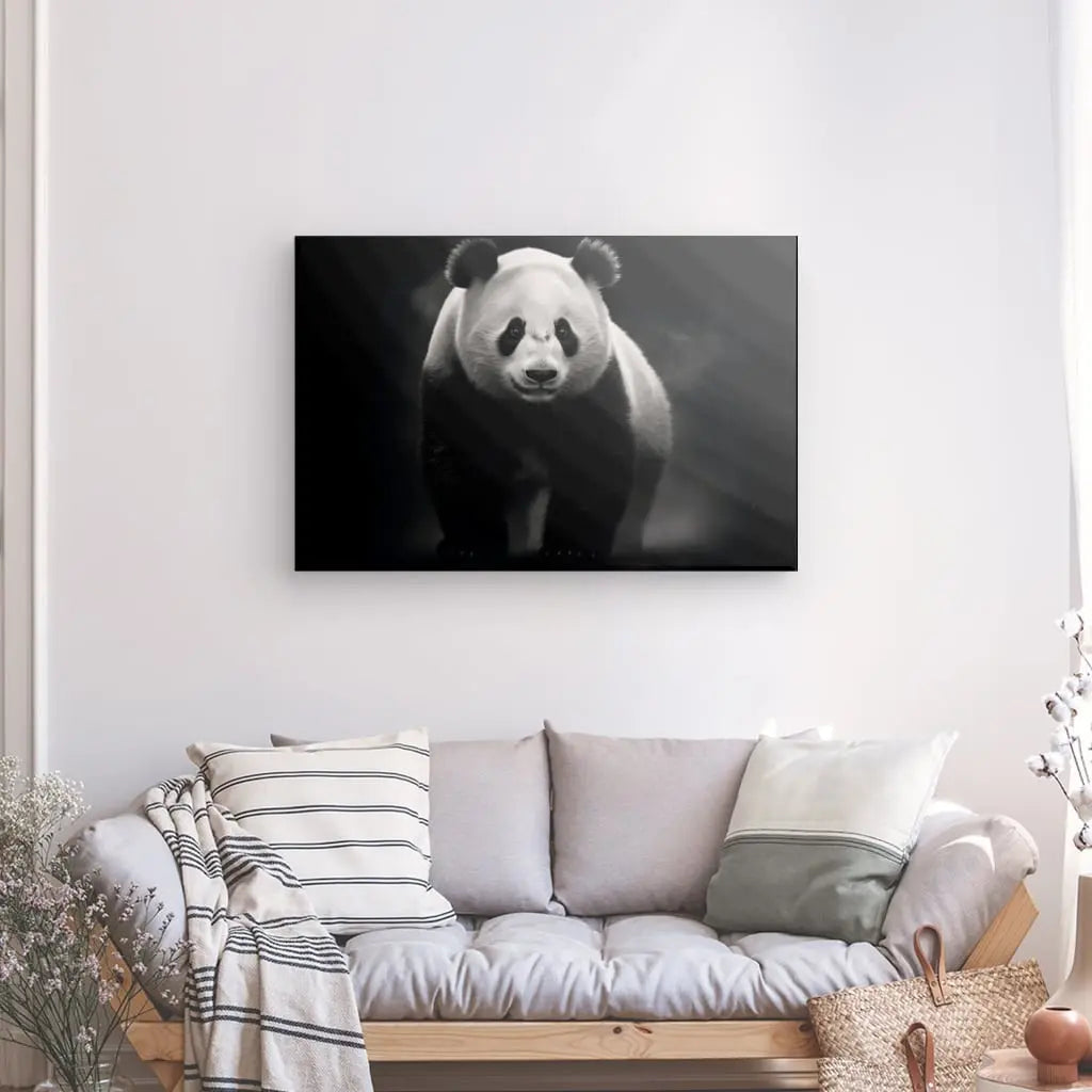 Un salon avec un canapé beige et des coussins rayés, avec un superbe Tableau Panda Sauvage Animal Noir et Blanc sur le mur au-dessus. Un panier en osier et une composition florale sont visibles au sol à côté du canapé, ajoutant une touche de charme à cet espace d'inspiration art animalier.