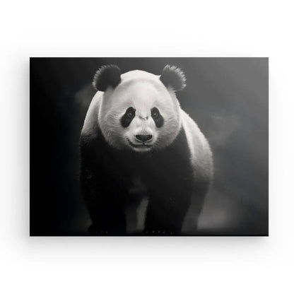 Une photographie en noir et blanc capture l’essence d’un panda géant, debout et face à la caméra sur un fond sombre. Cette pièce incarne l'esprit de l'art animalier, évoquant la beauté du Tableau Panda Sauvage Animal Noir et Blanc.