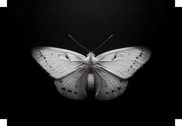 Une image en gros plan en niveaux de gris d'un papillon avec ses ailes entièrement déployées, sur un fond sombre, capturant magnifiquement l'essence du Tableau Papillon Gros Plan Insecte Noir et Blanc.