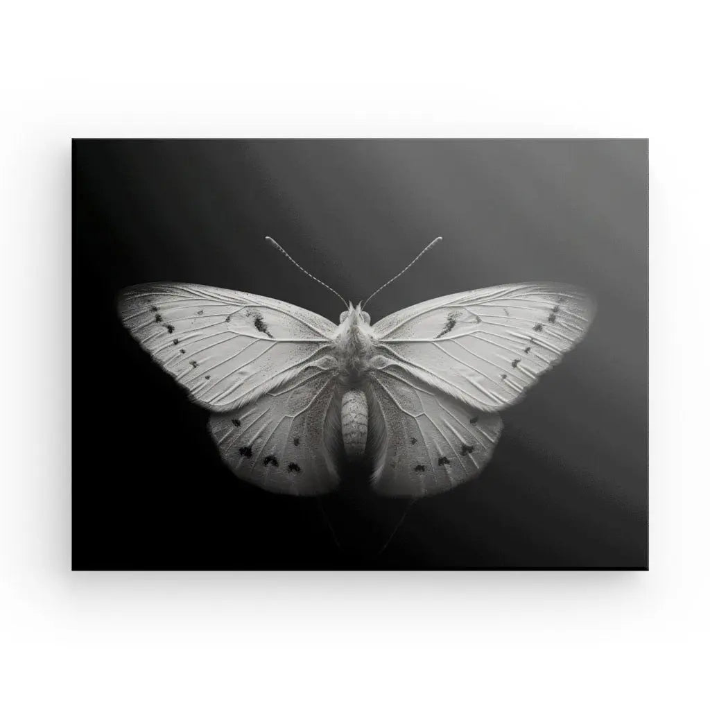 Une superbe photographie Noir et Blanc d'un papillon aux ailes déployées, sur un fond dégradé passant du clair au foncé. Ce Tableau Papillon Gros Plan Insecte Noir et Blanc capture parfaitement la beauté délicate de la nature en monochrome.