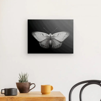 Une photographie en noir et blanc, intitulée « Tableau Papillon Gros Plan Insecte Noir et Blanc », est accrochée sur un mur blanc au-dessus d'une table en bois avec deux tasses, un pot et une plante. Une chaise noire est partiellement visible à droite.