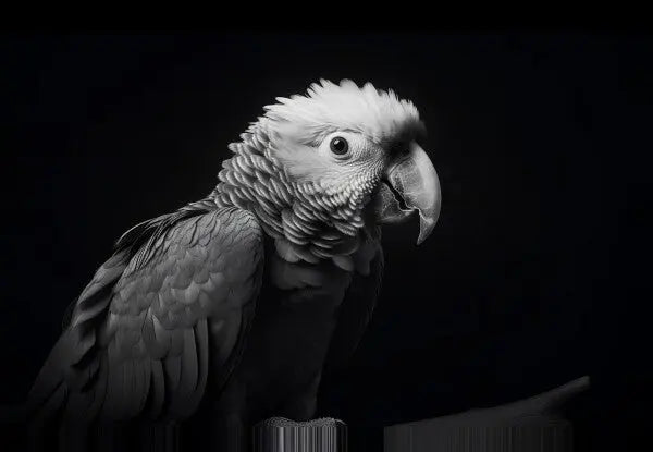 Photographie en noir et blanc d'un Tableau Perroquet Oiseau Sauvage Portrait Noir et Blanc perché, regardant de côté sur un fond sombre.