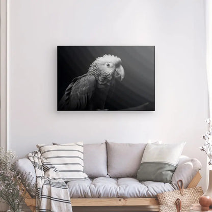 Une photographie en noir et blanc d'un perroquet, ou "Tableau Perroquet Oiseau Sauvage Portrait Noir et Blanc", est accrochée au-dessus d'un canapé de couleur claire orné d'oreillers rayés et unis. Une plante en pot est judicieusement positionnée sur le côté gauche, créant un espace équilibré et accueillant.