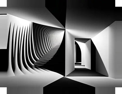 Une image abstraite monochromatique présentant des structures géométriques aux lignes et courbes nettes, créant une illusion semblable à un tunnel. Ce Tableau Art Minimaliste Abstrait Moderne Noir et Blanc est principalement en noir et blanc, mettant l'accent sur les contrastes d'ombre et de lumière.