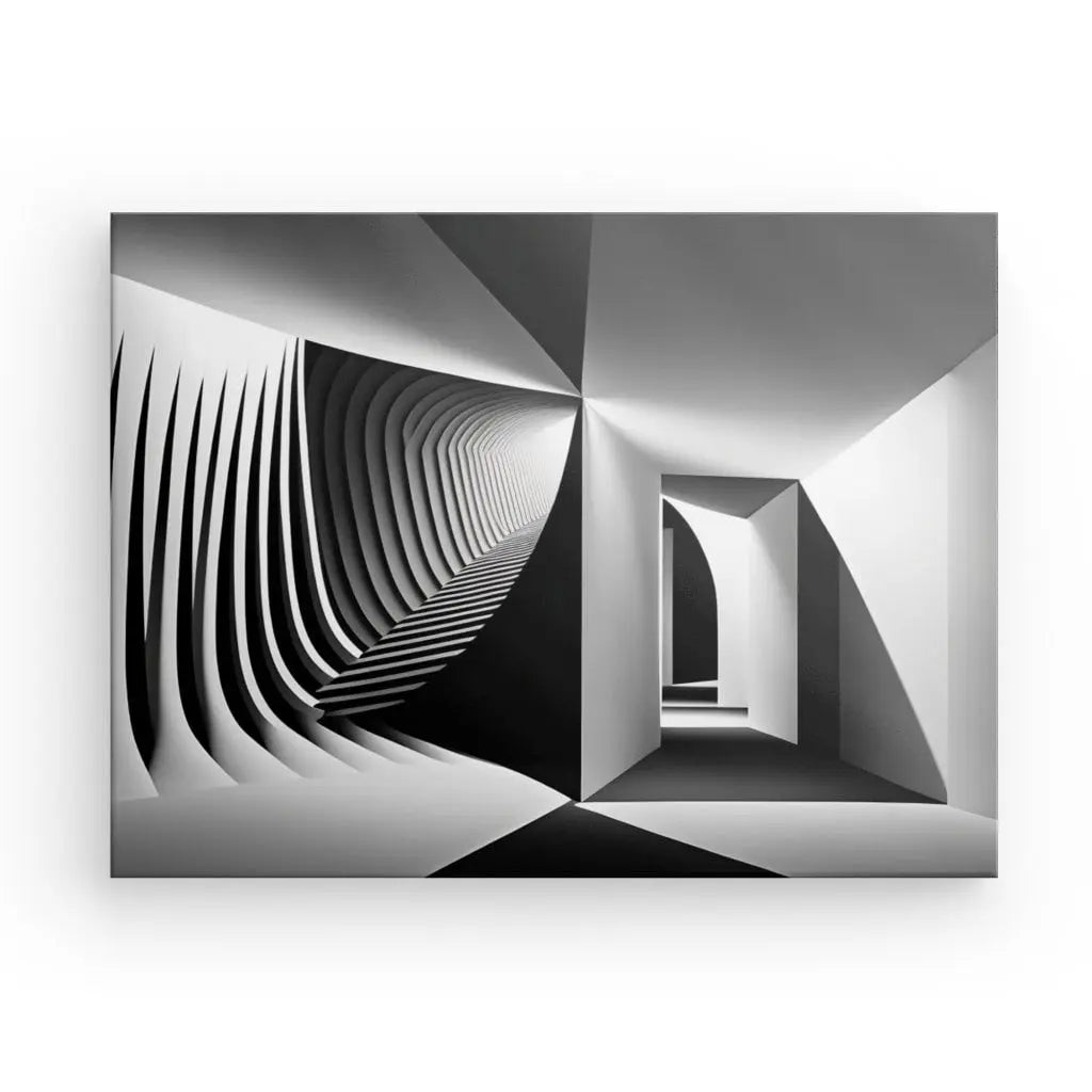 Image abstraite en noir et blanc avec des formes géométriques, avec des lignes nettes, une structure en forme de tunnel à gauche et une porte angulaire en retrait au centre. Ce Tableau Art Minimaliste Abstrait Moderne Noir et Blanc dégage une esthétique art noir et blanc, soulignant son design abstrait moderne.
