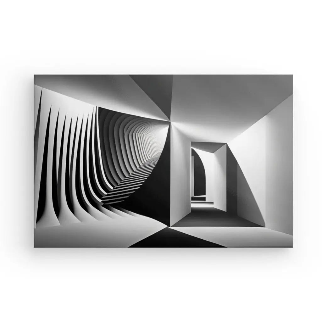 Œuvre d'art abstraite en noir et blanc présentant des formes géométriques, un couloir avec une porte rectangulaire et des motifs incurvés et nervurés sur un mur. Ce Tableau Art Minimaliste Abstrait Moderne Noir et Blanc incarne l'essence de l'art noir et blanc et séduit par son élégance minimaliste.