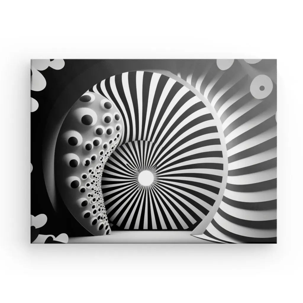 Une image abstraite en noir et blanc présentant des lignes radiales concentriques convergeant en un point central, accompagnées de motifs circulaires et irréguliers sur les côtés, créant une illusion optique saisissante parfaite pour la décoration intérieure, Tableau Moderne 3D Hypnotique Noir et Blanc.