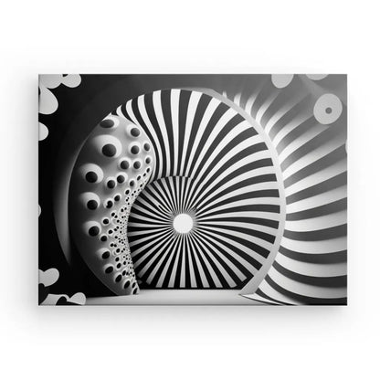 Une image abstraite en noir et blanc présentant des lignes radiales concentriques convergeant en un point central, accompagnées de motifs circulaires et irréguliers sur les côtés, créant une illusion optique saisissante parfaite pour la décoration intérieure, Tableau Moderne 3D Hypnotique Noir et Blanc.