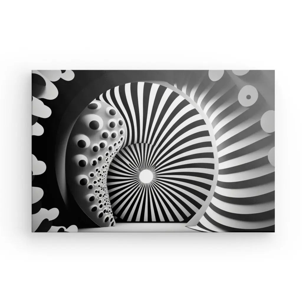 Un Tableau Moderne 3D Hypnotique Noir et Blanc présentant des motifs en spirale et des cercles concentriques, créant un effet d'illusion optique, parfait pour la décoration intérieure.