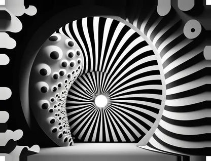 Un tunnel abstrait en noir et blanc avec des lignes hypnotiques et rayonnantes et des textures pointillées mène à une lumière vive au centre, ce qui en fait une superbe pièce Tableau Moderne 3D Hypnotique Noir et Blanc parfaite pour la décoration intérieure.