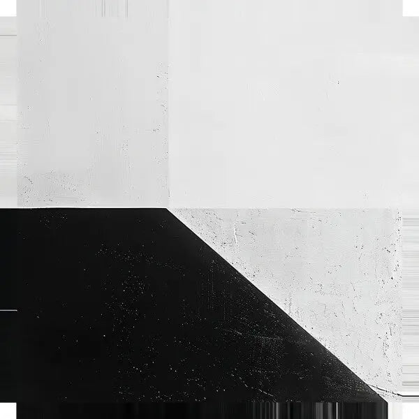 Oeuvre abstraite présentant des formes géométriques. La moitié supérieure est constituée de rectangles blancs ; la moitié inférieure présente un triangle noir sur la droite, contrastant fortement avec le fond blanc. Ce Tableau Minimaliste Moderne Noir et Blanc incarne une esthétique raffinée à travers ses contrastes saisissants et ses lignes épurées.