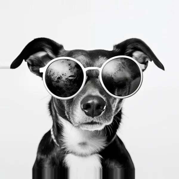 Un Tableau Petit Chien Lunettes Rondes Noir et Blanc représentant un chien portant des lunettes de soleil rondes avec un reflet de la lune sur les verres, imprimé avec des encres latex HP.