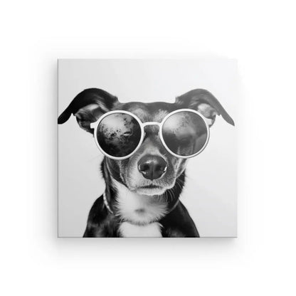 Un Tableau Petit Chien Lunettes Rondes Noir et Blanc, affiché sur une toile tendue.