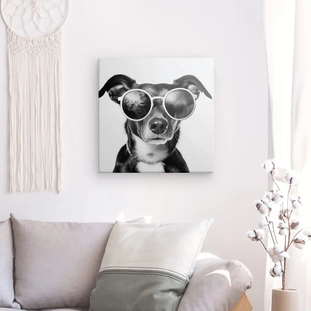 Un Tableau Petit Chien Lunettes Rondes Noir et Blanc, imprimé avec des encres latex HP, accroché au mur d'un salon au-dessus d'un canapé.