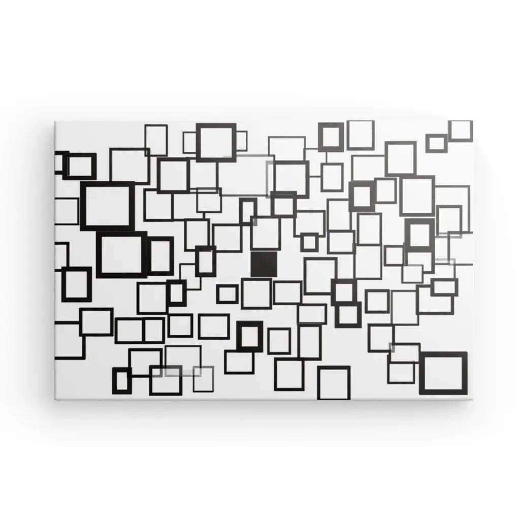 Peinture abstraite présentant de nombreux carrés, rectangles et formes en noir et blanc dispersés sur une toile blanche, créée à l'aide d'encres latex HP.