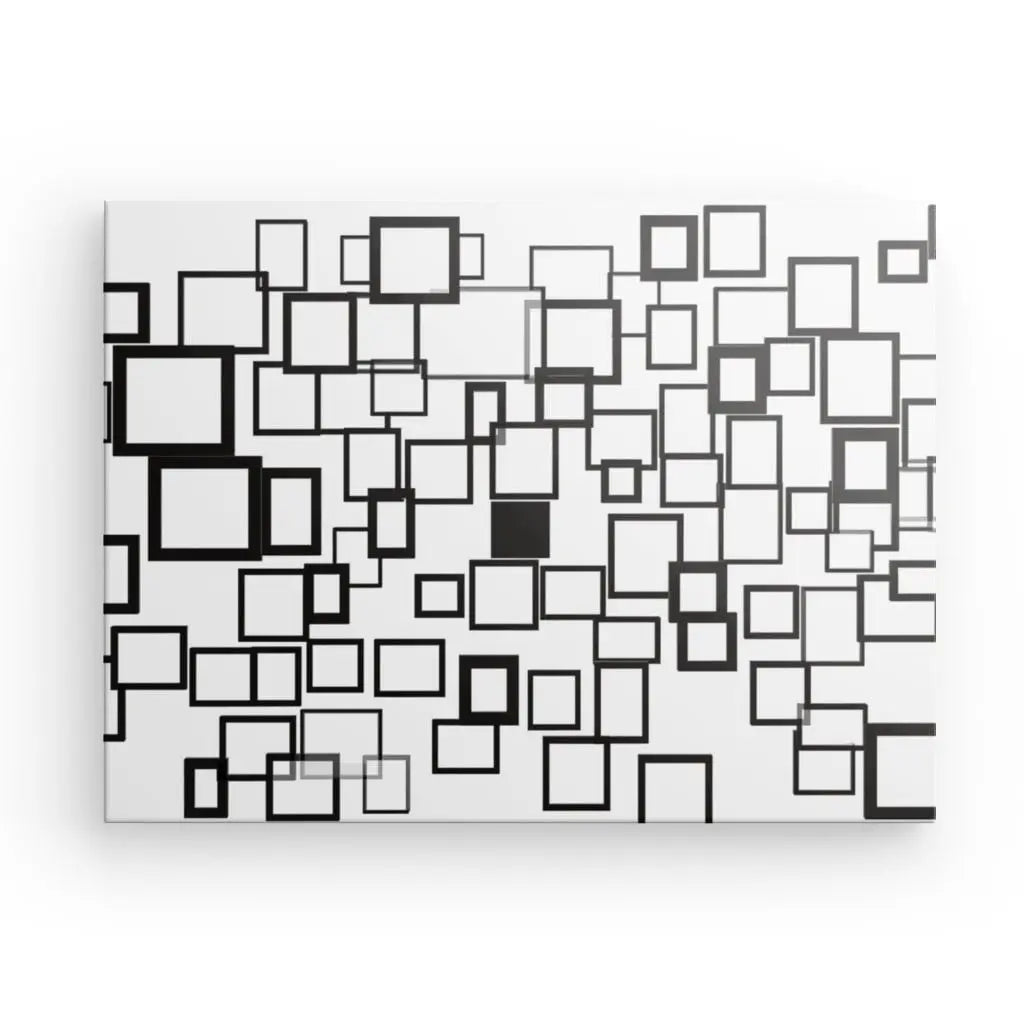 Art abstrait moderne présentant des carrés noirs et blancs dispersés sur une toile blanche, avec des tailles variables et des motifs qui se chevauchent, créé à l'aide d'encres latex Tableau Carrés Rectangles Formes Art Abstrait Monochrome pour donner une illusion 3D.