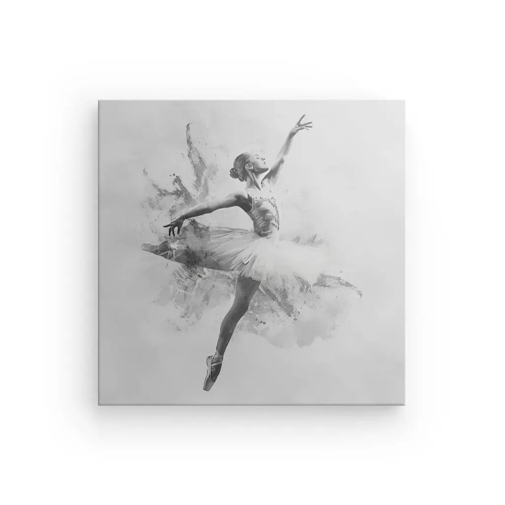 Un Tableau Danseuse Etoile Classique Peinture Noir et Blanc d'une ballerine en pose médiane, sa robe et sa pose suggèrent un mouvement dynamique, sur un fond gris texturé.