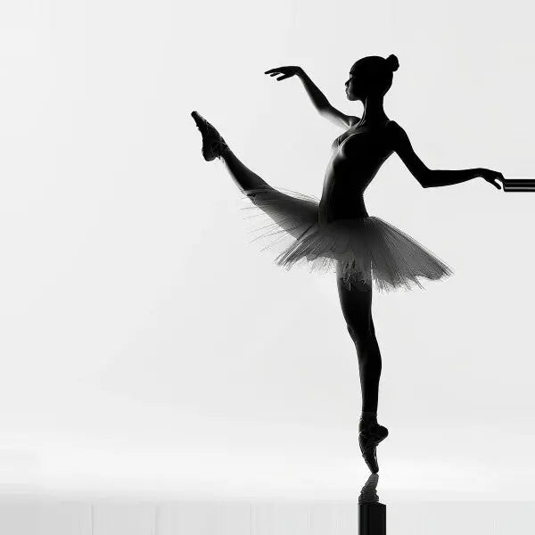 Tableau Photo Danse Classique Danseuse Jupe Tutu Noir et Blanc d'une danseuse de ballet en tutu exécutant une pose avec une jambe levée, à l'aide d'une barre comme support, sur un fond clair, imprimé sur toile tendue à la main.