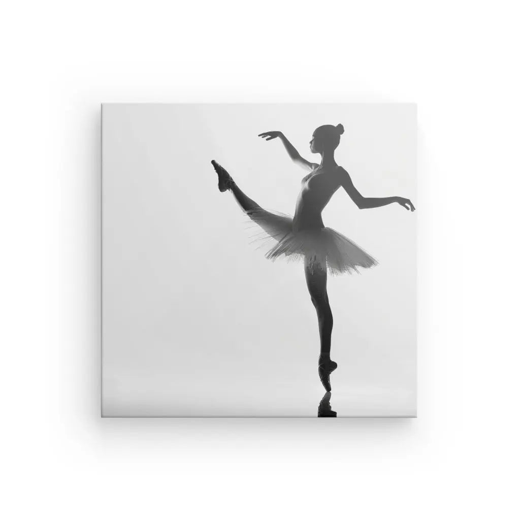 Silhouette d'une danseuse de ballet en tutu exécutant une pose sur une jambe, imprimée avec des encres latex HP sur fond blanc.