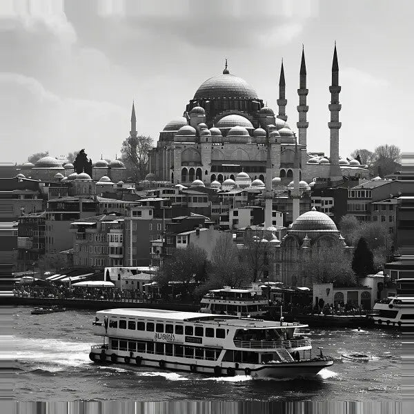 Tableau Istambul Paysage Mosquée Turquie Noir et Blanc reproduction d'un ferry sur une rivière avec la mosquée Süleymaniye dominant l'arrière-plan à Istanbul, Turquie.