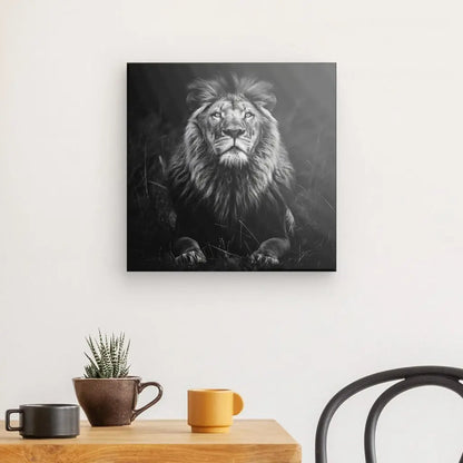 Reproduction du Tableau Portrait Lion Sauvage Nature Noir et Blanc sur toile tendue à la main, accrochée au mur au dessus d'un Tableau Portrait Lion Sauvage Nature Noir et Blanc avec une plante et un mug.